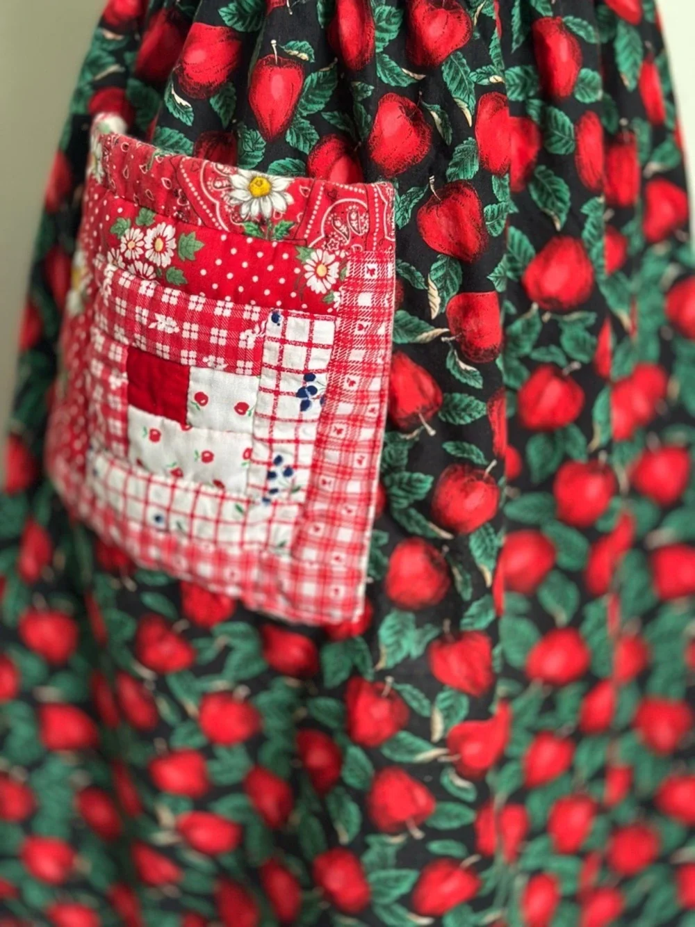 Red Apple Print Apron with Patchwork Pocket Quilted Handmade in Alaska